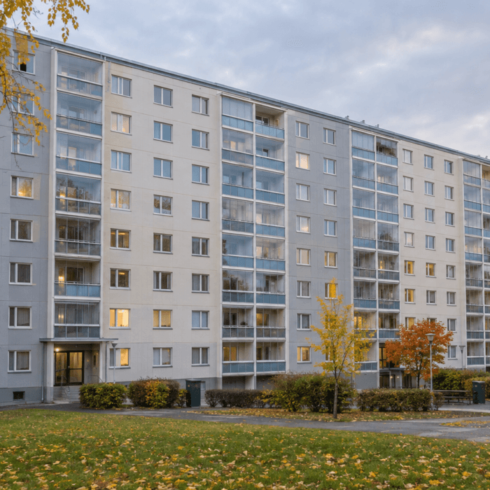 Suuri vaalea kerrostalo syksyisessä pihapiirissä, jota reunustavat keltaiset ja oranssit lehtipuut.
